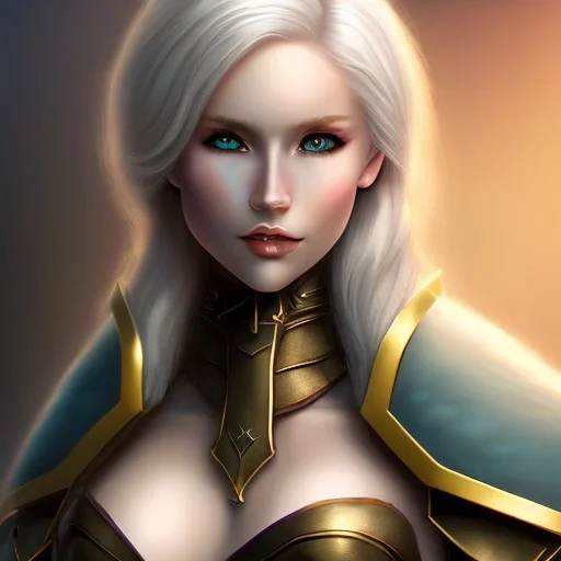 D&D cleric, female, platinum blonde hair, golden colored eyes, smiling, teal colored armor