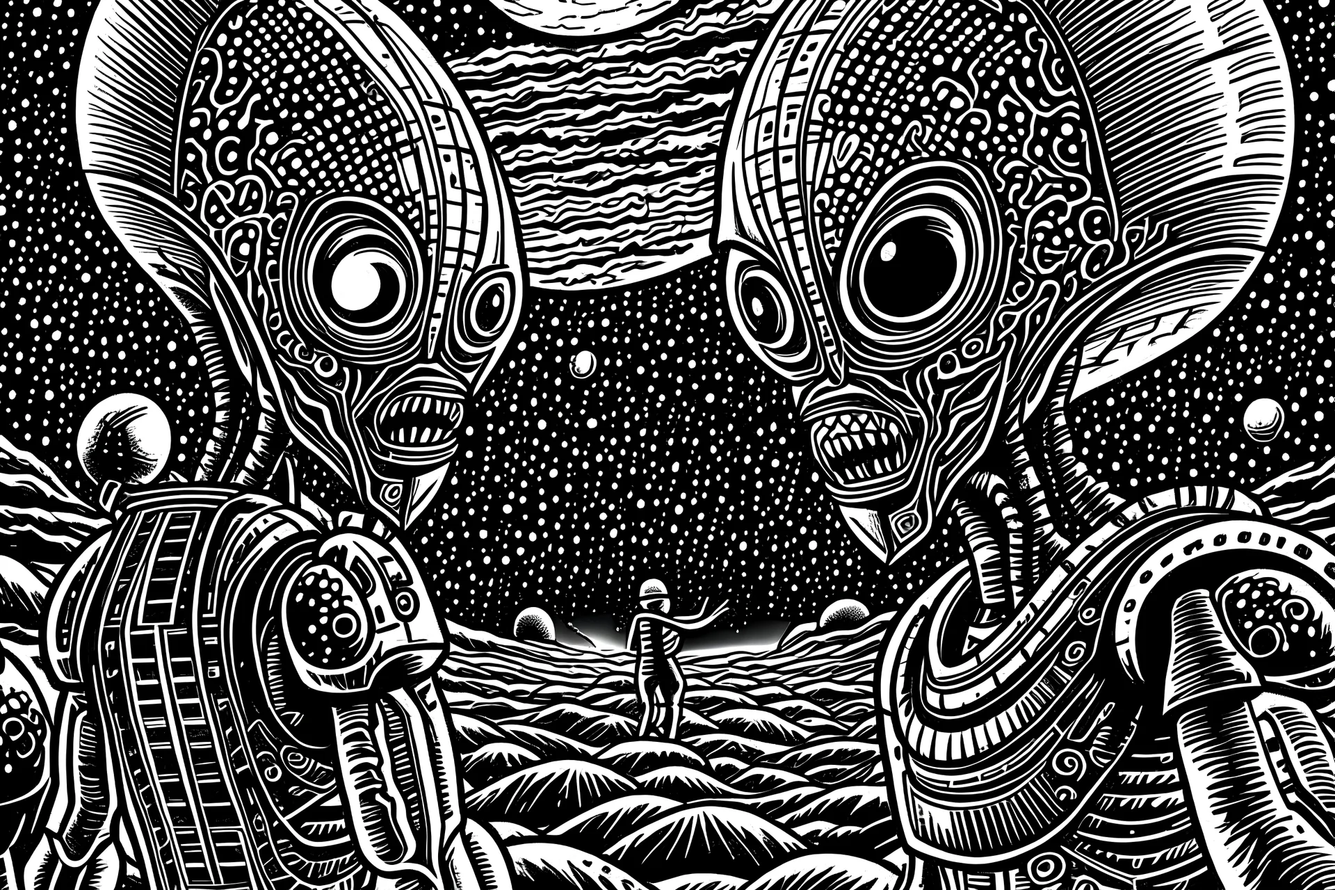 first contact with an earthling. stereotypical depiction of highly advanced enlightened & evolved & technologically advanced benevolent race of intergalactic space aliens from outer space. wifi scifi fantasy futuristic. top notch graphic novel. beautifully illustrated. high contrast black & white stylized drawings