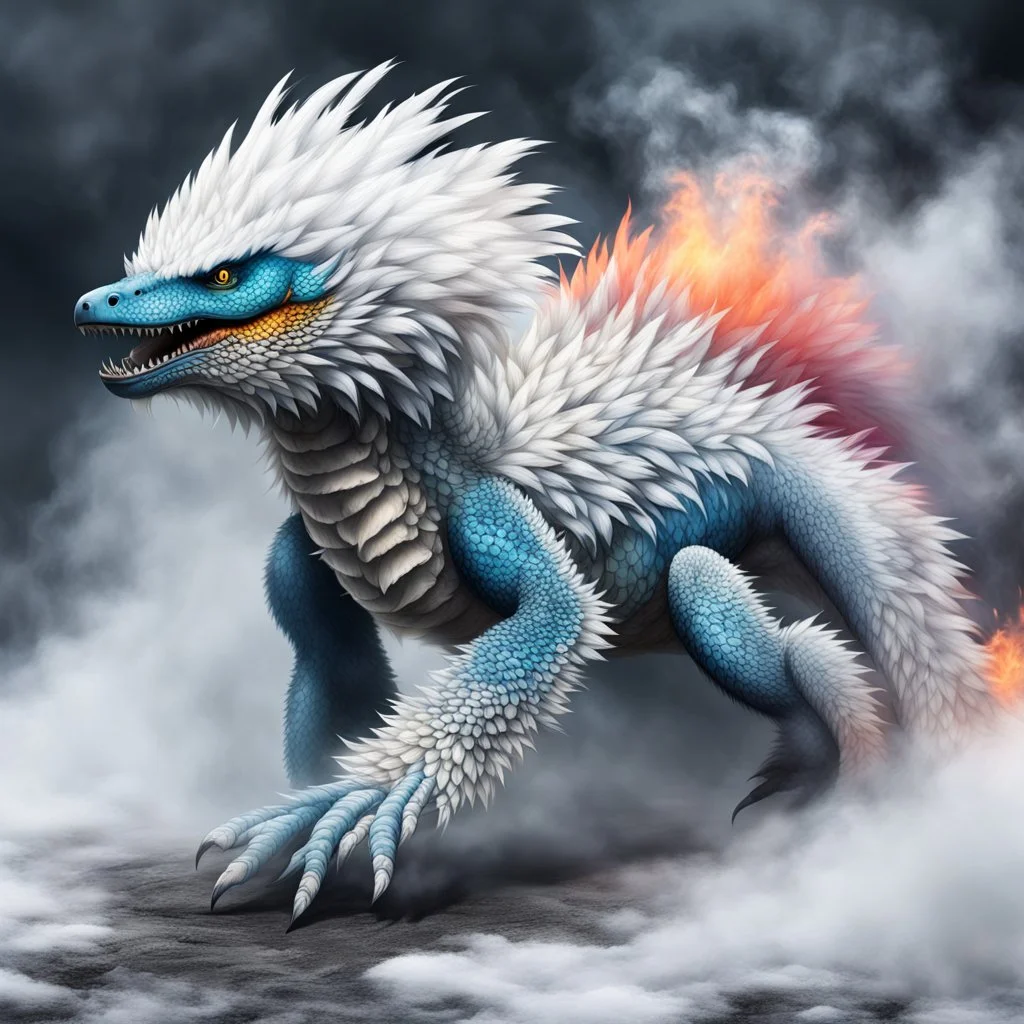 a sturdy colorful arctic drake curly white fur, smokey breath and fire, claws, spikes along back, a long tail, moving forward towards viewer, wrapped in smoke