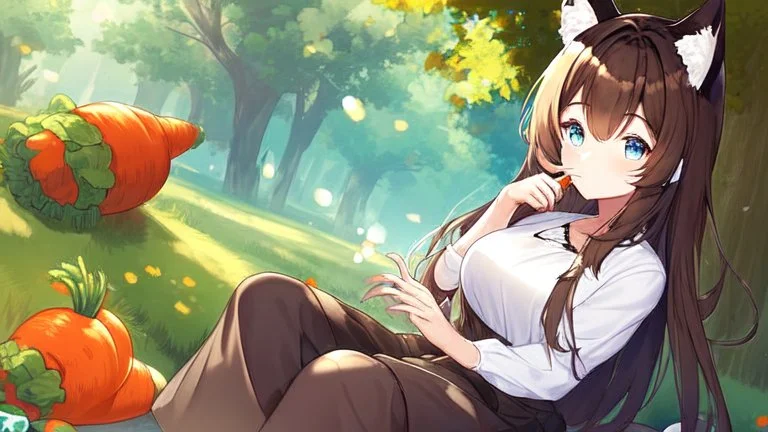 1girl, sitting, animal ear, tree, carrot on hand , long bunny ears, brown bunny tail, short blue skirt, long brown hair, white shirt, blu eyes