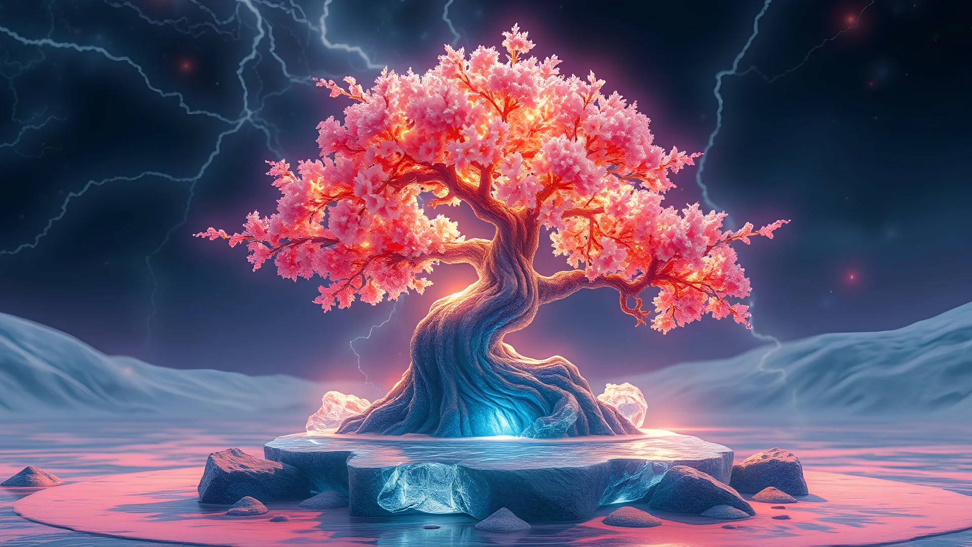 An ice bonsai in a parallel universe, adorned with brilliant incandescent colors, with lightning bolts around it.