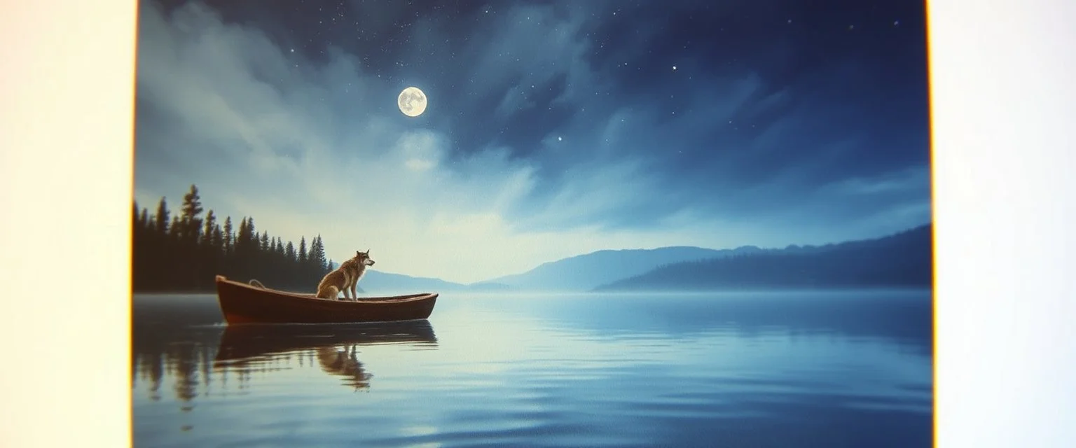 airbrush rendering, wolf in life boat in lake, pinhole cam