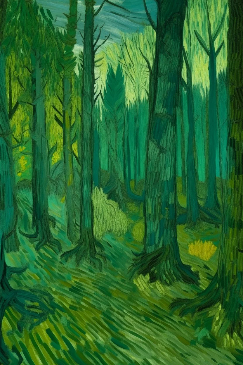 A bluish green jungle with tall trees painted by Vincent van Gogh