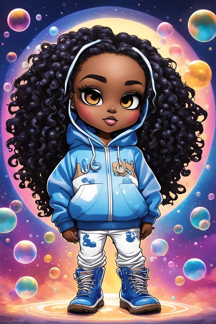 Create an colorful psychedelic comic book illustration of a chibi cartoon black female thick curvy wearing a cut of blue and white hoodie and white jeans and timberland boots. Prominent make up with long lashes and hazel eyes. Highly detailed shiny sister locs. Background of a large bubbles all around her