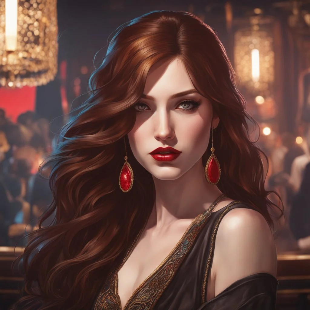 An Arrogant-Looking Young Woman With Pale Skin, Red Eyes, And Long Brown Hair. In a nightclub. High Definition, Greg Rutkowski, 8k Resolution, Intricate Details