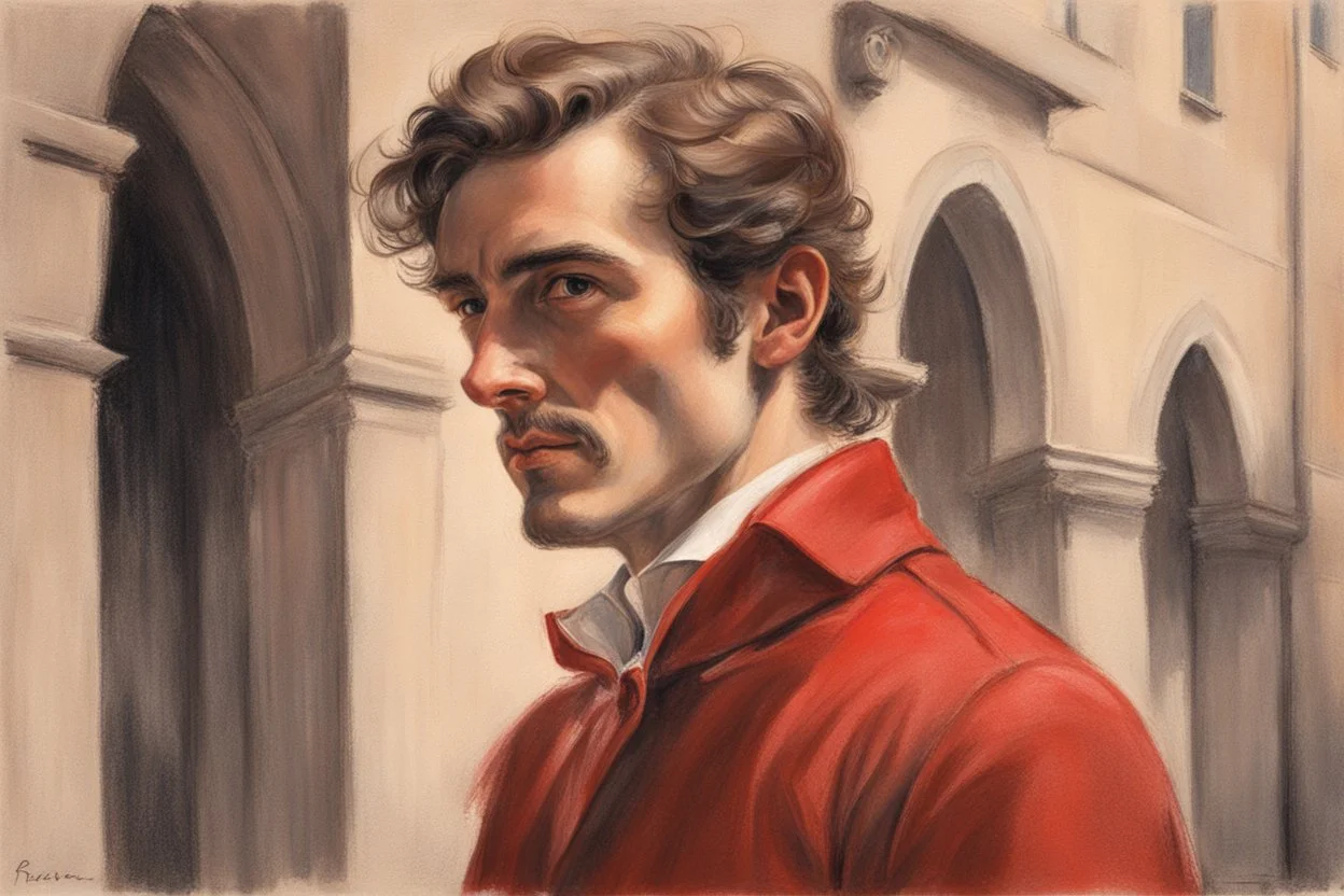 elegant brown haired man in firenze in red costume in sunshine, shading pastel and charcoal