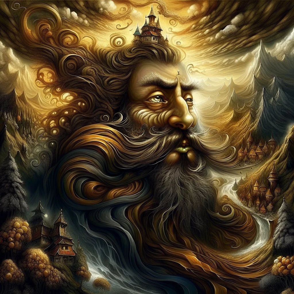 beard is morphing to a landscape, beard is forming to a landscape with focus on (whimsical village is coming out of the beard made of the beard's hair). Modifiers: digital painting dof fantasy intricate 8k oil on canvas masterpiece very attractive beautiful award winning fantastic view high definition crisp quality beautiful lighting dramatic surreal morbid mystical chiaroscuro earth tones symmetrical face no mistakes Dark tones Optical illusion Ray Caesar subtle colors dir