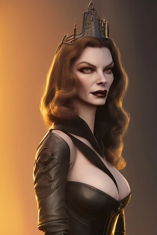 Lauren Bacall as evil queen in black leather, leather, busty, cleavage, angry, stern look. character design by cory loftis, fenghua zhong, ryohei hase, ismail inceoglu and ruan jia. unreal engine 5, artistic lighting, highly detailed, photorealistic, fantasy