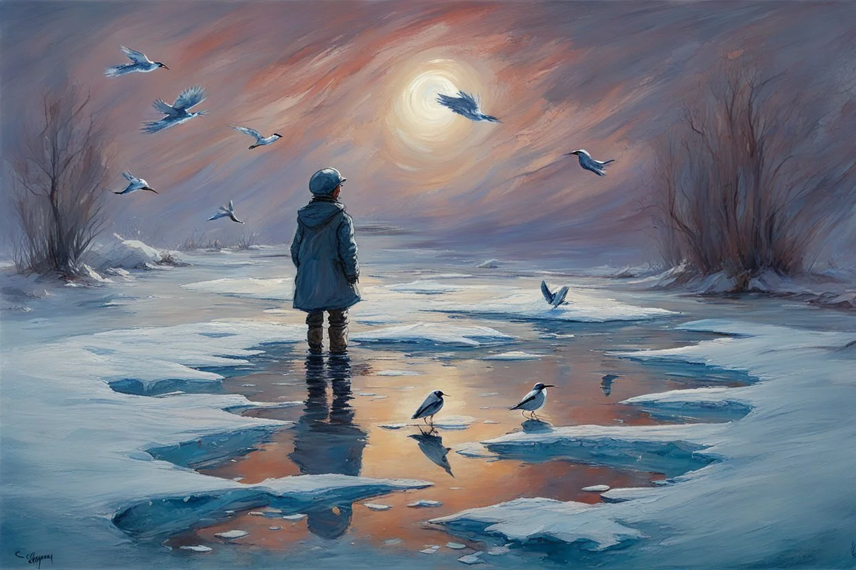 Gems, little puddle, space, person, ice, winter, flying birds, fantasy, john singer sangent impressionisn painting