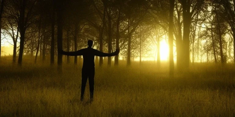 A man made of lighting standing in a meadow