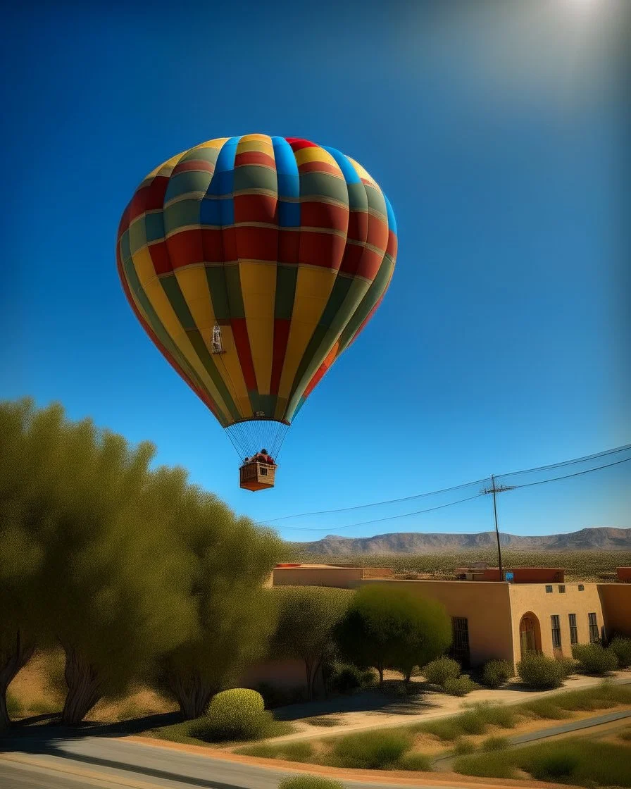 A photorealistic picture of a hot air balloon flying over Albuquerque new mexico