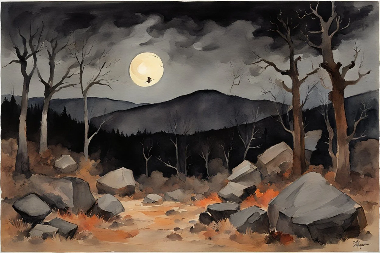 Night, mountains, rocks, dry trees, gothic horror films influence, winslow homer watercolor paintings