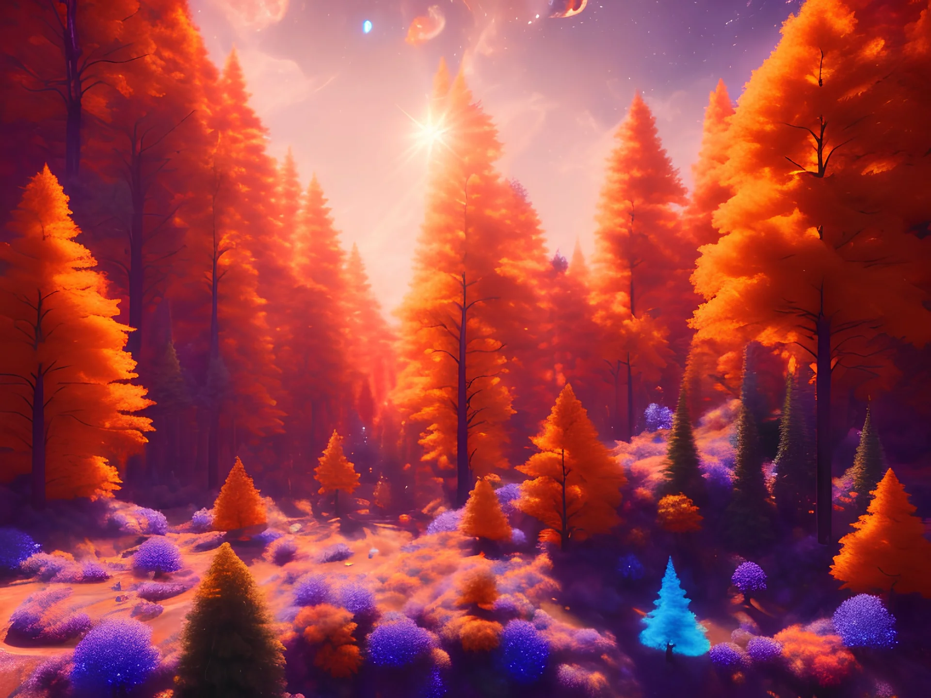 orange and blue crystal cosmic and galactic ambiance hill sky sunny trees , full of details, smooth, bright sunshine，soft light atmosphere, light effect，vaporwave colorful, concept art, smooth, extremely sharp detail, finely tuned detail, ultra high definition, 8 k, unreal engine 5, ultra sharp focus