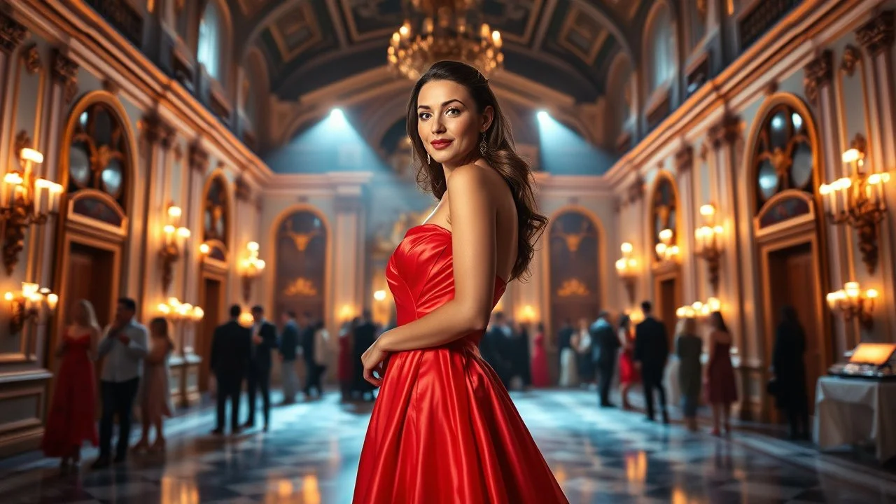 a modern luxury victorian big hall with this tema with a night party with people and pretty ladys ,Glamorous woman in elegant midi gown posing in close up with full body shot and cute and joy standing in midle of hall spotlight, cinematic lighting, photorealistic, fashion magazine styletion, Vogue editorial aesthetic.