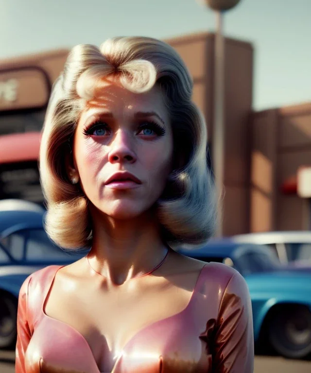 Ultra Realistic retro sci-fi movie Supermarket parking people scene, 1960 year, waist up view portrait, 2 clones blonde women, sweet teenager Jane Fonda face, perfect iris, glow eyes, face makeup, tight latex coat. many people looking, Retro sci-fi style, soft color, highly detailed, unreal engine 5, ray tracing, RTX, lumen lighting, ultra detail, volumetric lighting, 3d, finely drawn, high definition, high resolution.