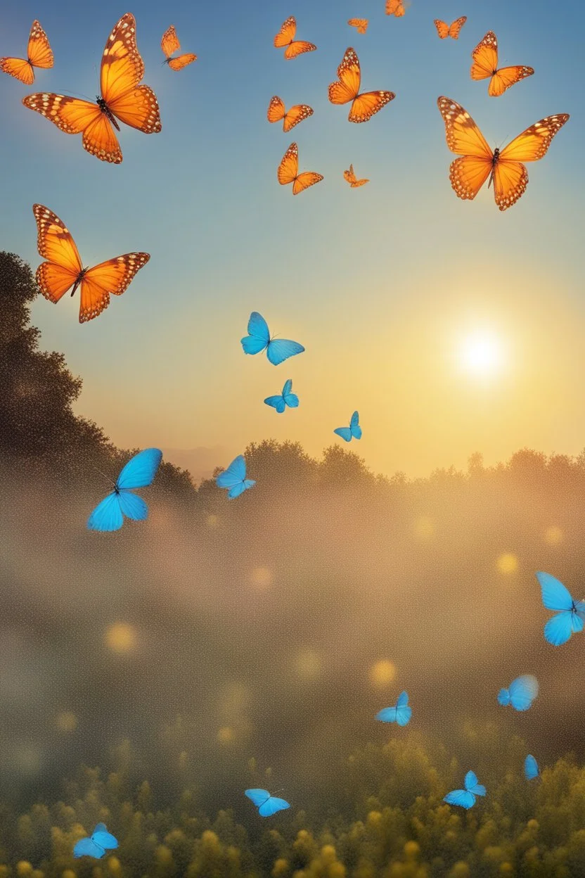 Bubbles and Butterflys flying to the sky at sunset