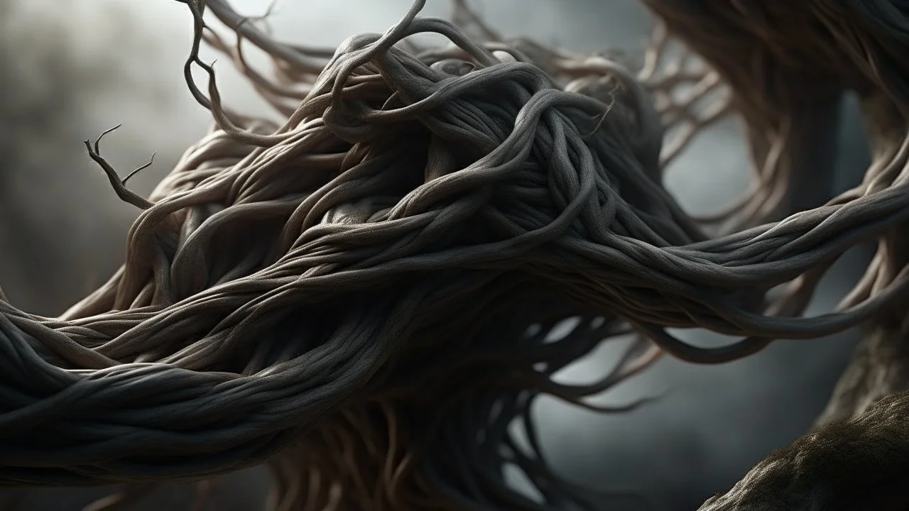 Multiple tangles entwined between a twisted thin piece of cloth as part of many twisted branches disappearing into the distant mist, epic photo, sharp on very detailed skin with wrinkles and high contrast, photorealistic, 4K, 3D, realism, hyperrealism, detailed, good lighting , detailed texture, modern photography style, 3D, 4D, 4K --2:3