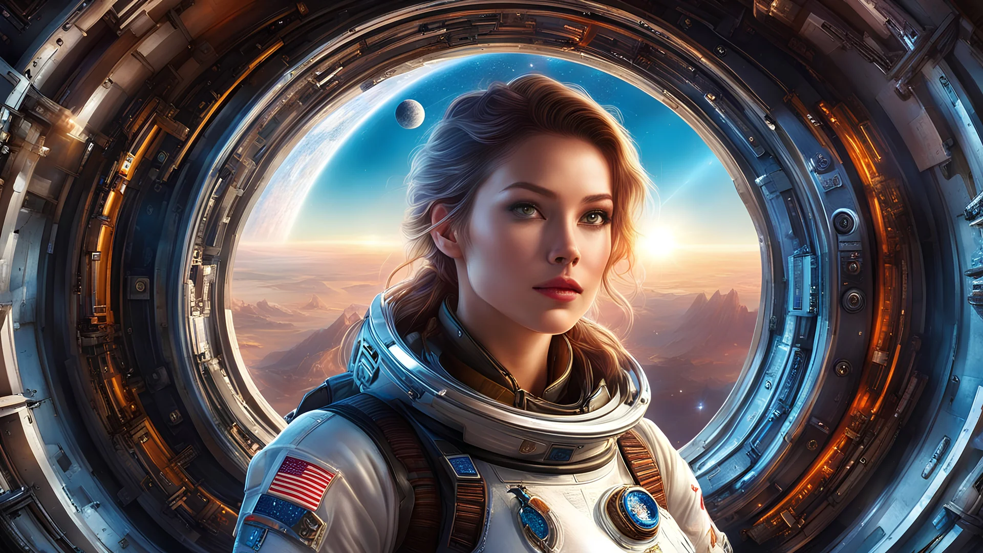 (masterpiece, top quality, best quality, extreme detailed, highest detailed, official art, beautiful and aesthetic:1.2), colorful, cowboy shot, beautiful face, solo, perfect body, 1girl, in space, spacecraft, spacesuit, sun rays, indoors, (wires and cables:1.1), (science fiction:1.2), porthole, illuminator, stars,fantasy, high contrast, ink strokes, explosions, over exposure, purple and red tone impression , abstract, ((watercolor painting by John Berkey and Jeremy Mann )) brush strokes, negativ