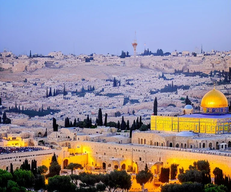 100,000,000 christians, men, women,and children, WORSHIPPING, dressed in white, beam of light coming from square Temple in center, Jerusalem, hills and valley in background, dusk,