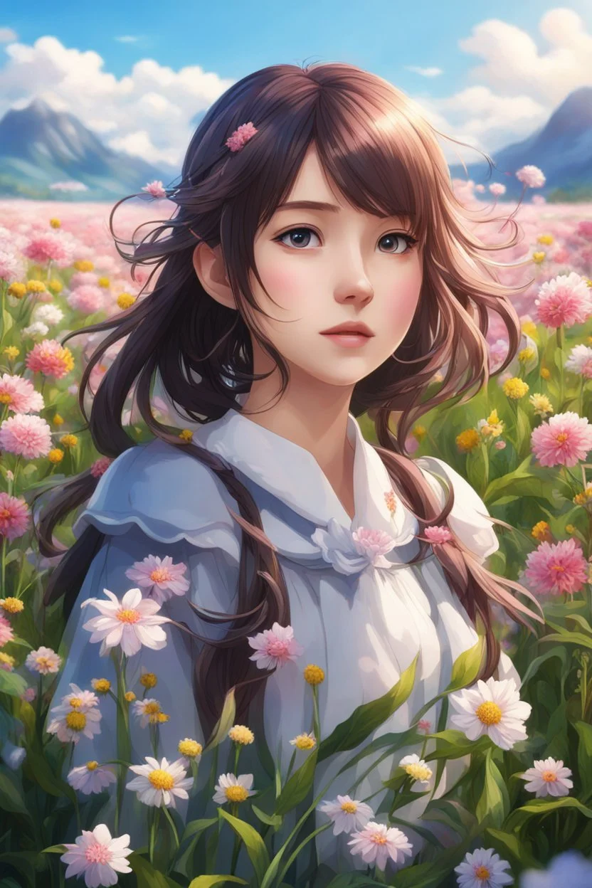 a girl standing in a field of flowers, medium view face, beautiful anime portrait, realistic anime art style, beautiful anime art style, realistic cute girl painting, beautiful anime art, stunning anime face portrait, high quality, 4k