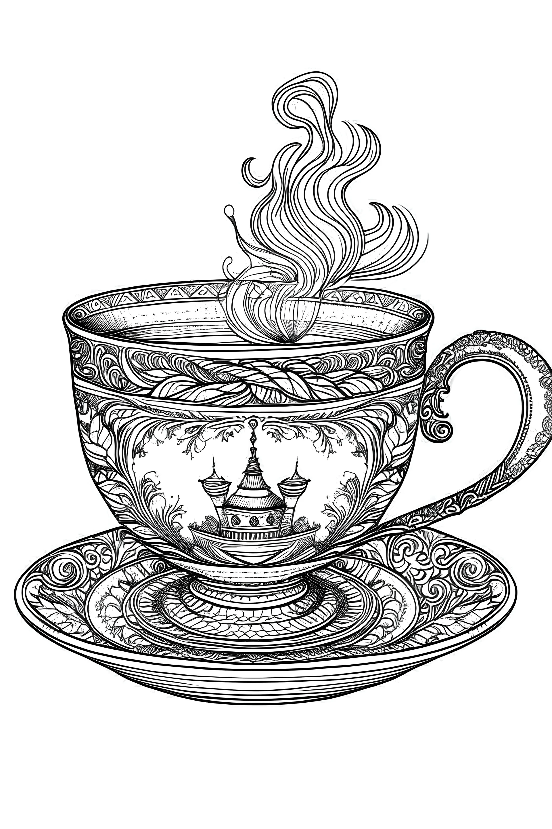 Outline art for coloring page, A CIGARETTE. A TURKISH TEACUP, coloring page, white background, Sketch style, only use outline, clean line art, white background, no shadows, no shading, no color, clear