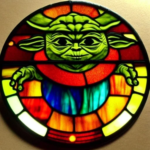 round coaster of yoda with stained glass window effect, highly detailed, intricate, warm colors, stained glass window, glossy from rain, warm lighting, dramatic lighting