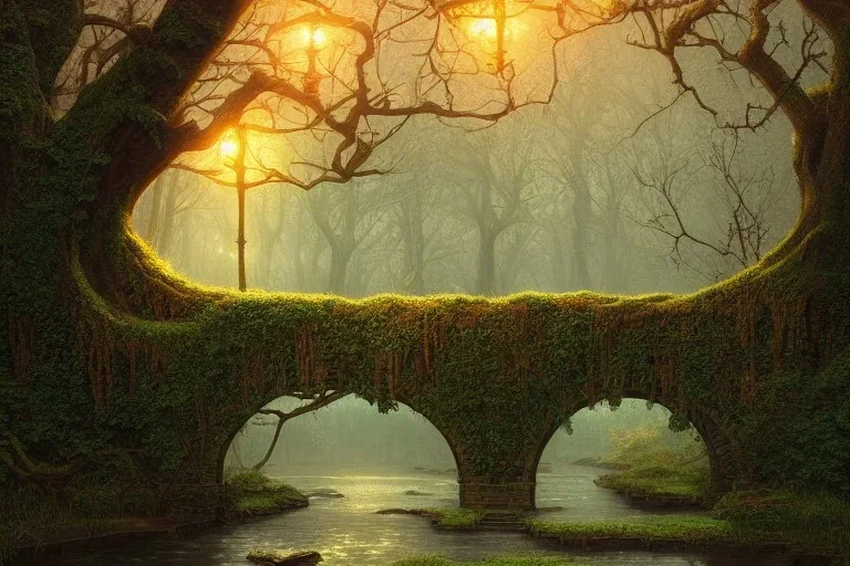 book cover!!!!!!!!!!!!, old bridge, ivy leaves graphic vectors at each border, fantasy forest landscape, fantasy magic, light night, intricate, elegant, sharp focus, illustration, highly detailed, digital painting, concept art, matte, art by wlop and artgerm and ivan shishkin and andrey shishkin, masterpiece