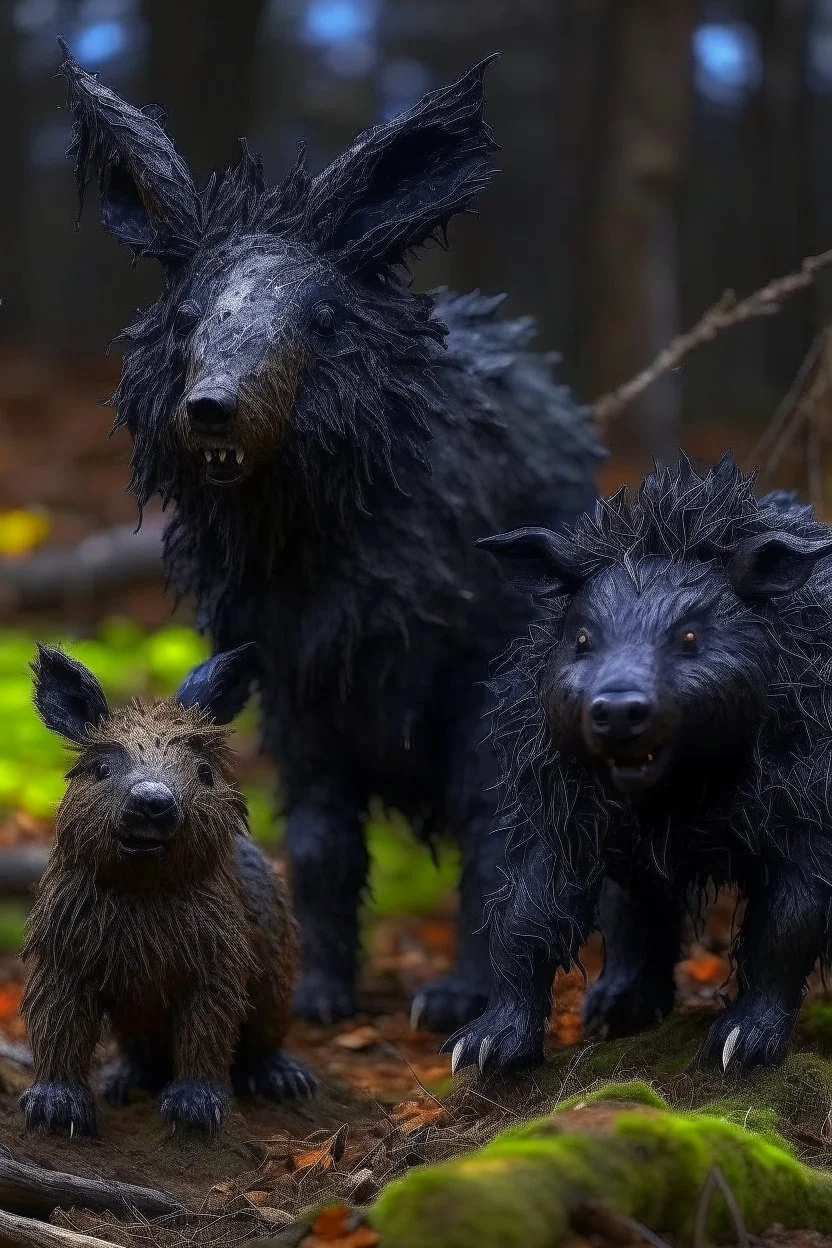Bear and boar and rabbit hybrid creature, black, photograph