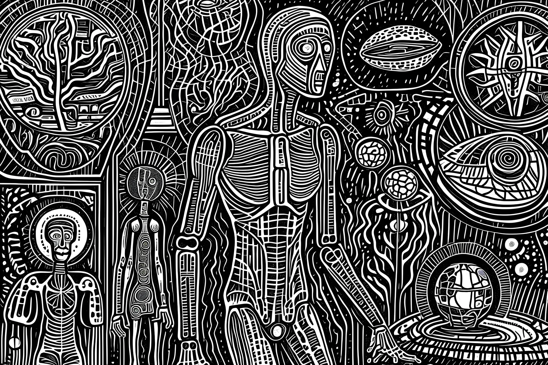 interviewing a human being of earth. stereotypical depiction of highly advanced, evolved, enlightened, technologically advanced & intergalactic spacefaring alien beings from deep outer space. contemporary depiction. ancient archival antiquity traditional monastic printmaking high contrast black & white ine drawings on acid etched plates