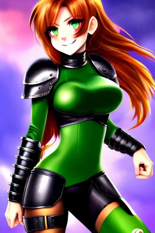 In the style of Shadman, hyper detailed, strikingly beautiful teen female, 16 years old, long ponytail, ginger hair, green eyes, medium freckles, full lips, micro top, black leather armour lined with fur, full body, full face, tiny breasts, athletic, centred camera, ignore NSFW, thong, camel toe, athletic