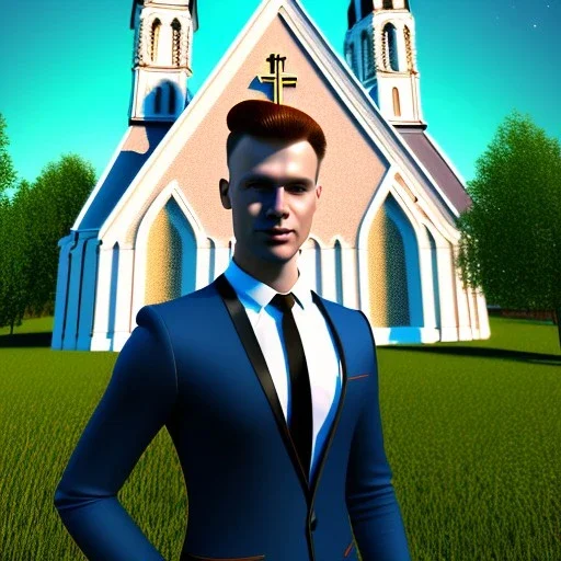 A handsome npc ständig in front of a church, futuristic design, a paradise in background