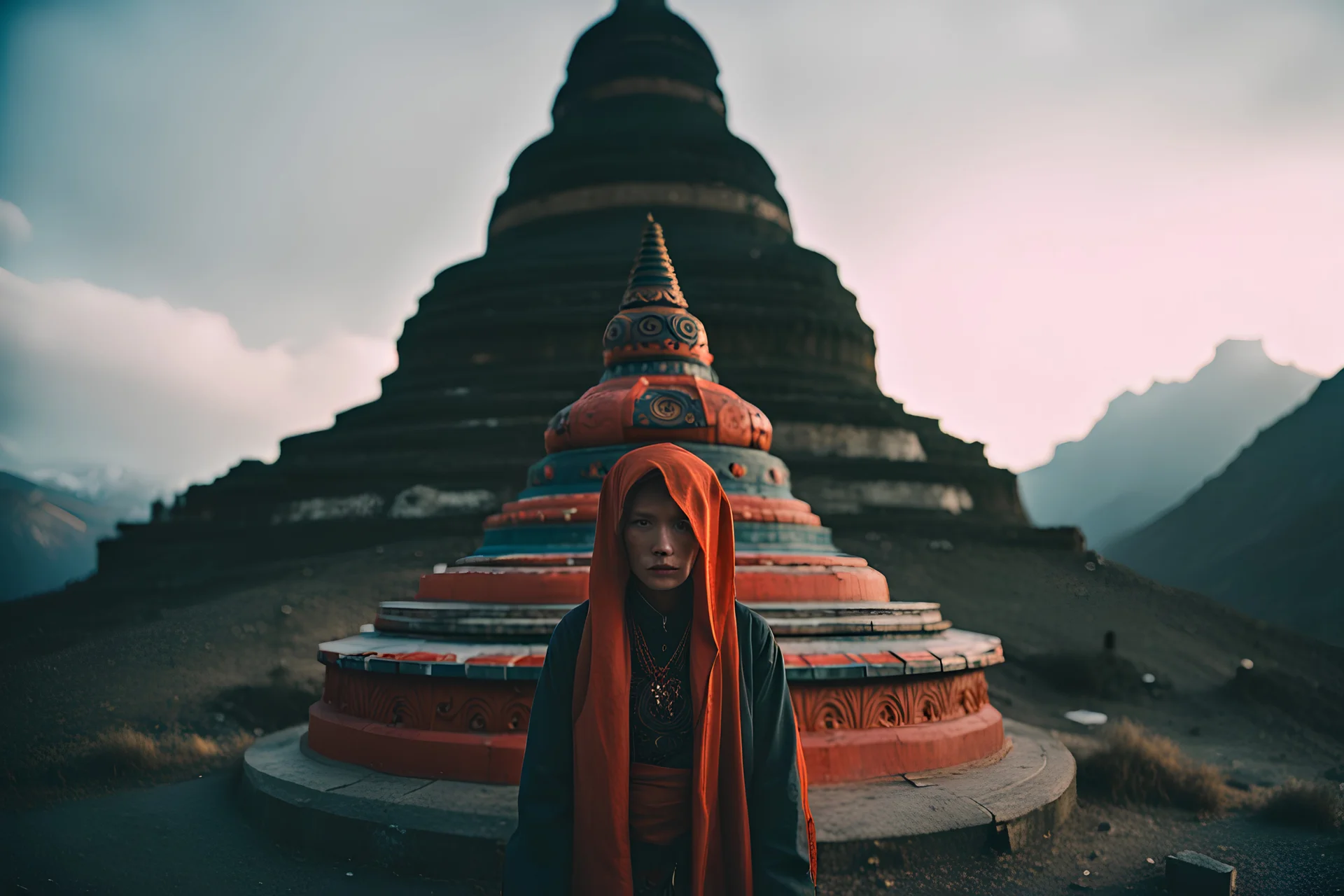 Peter McKinnon-Alex Strohl close-up weird tibetan Misty carved Temple stupa mountains swith weird humanoids dressed as Guadalupe in lingering around in 1950 by Richard Billingham, Fujichrome provia 100F, unicorncore, whimsical, weird, odd gloomy sunset, animals and people, weirdcore , stunning details, 8k, style raw style raw, neon pop '80s oil paint-style raw, Mario Bava-Boris Mikhailov ,greg rutkowski