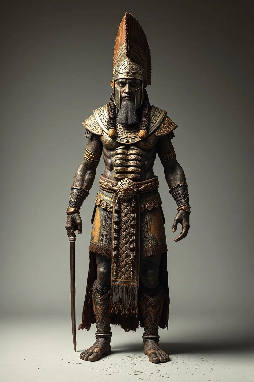 Sumerian warrior full body front view, studio photograph, very aesthetic, highly detailed, brilliant composition, hyper realistic, photorealistic, subsurface scattering matt painting