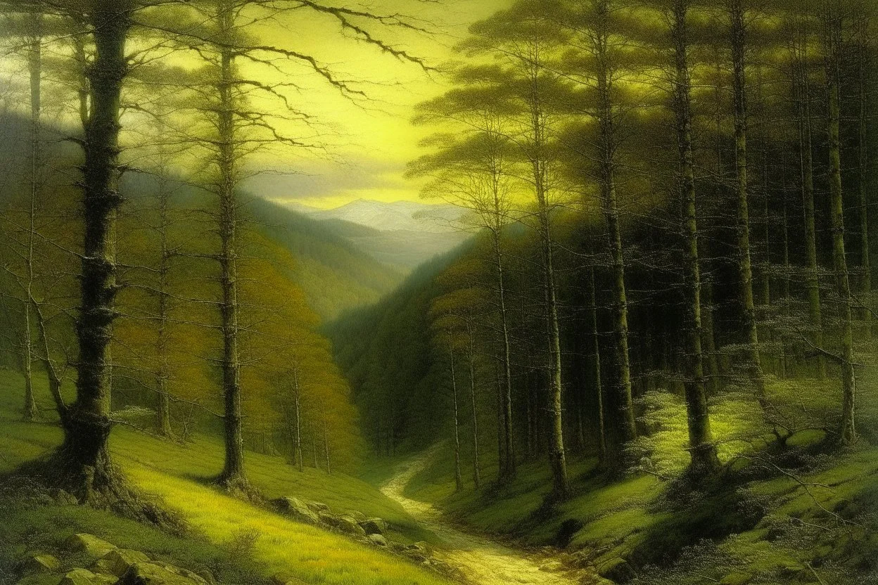 A forest near a mountain painted by John Atkinson Grimshaw