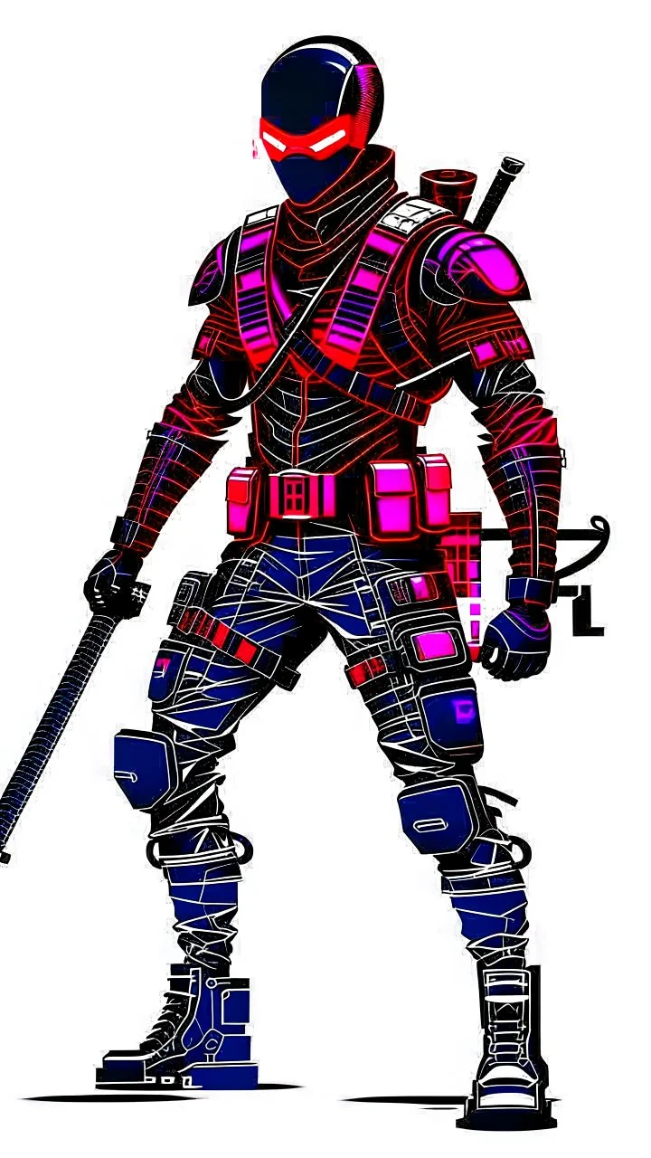 dibujo de contorno de un Ninja negro y rojo con traje cyberpunk full body