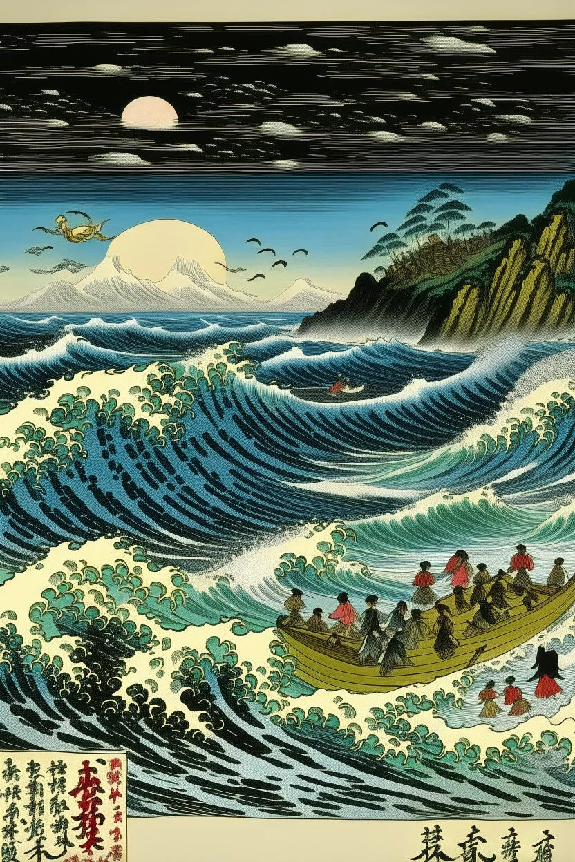 A beach near a whirlpool painted by Utagawa Hiroshige