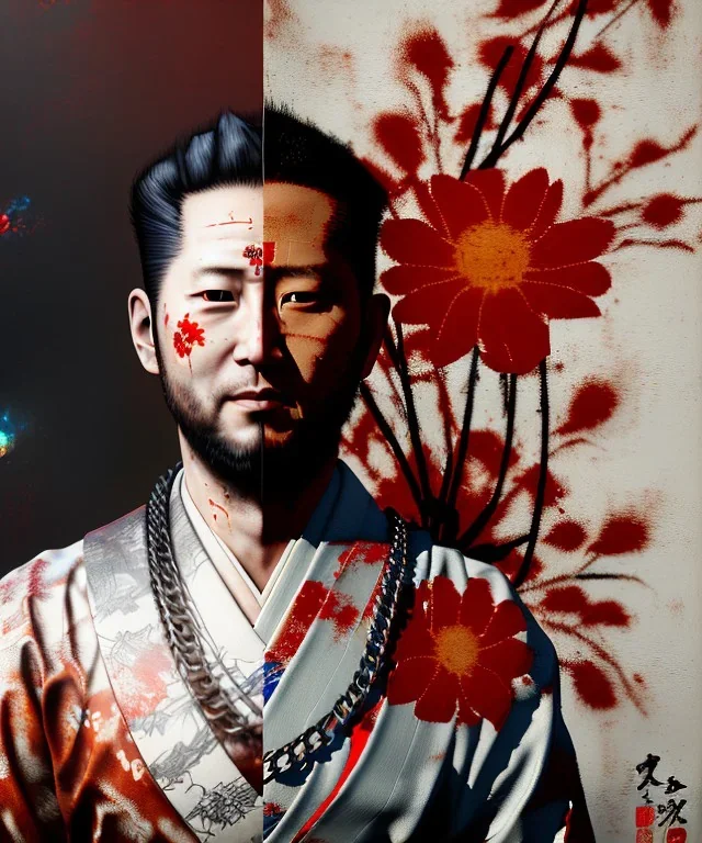 an abstract painting of rusted metal and flowers, Samurai, Geisha style, 8K, a Highly detailed stunning portrait of Dom man holding a woman by the chain, realistic face, white suit, beard, and short hair, bad boy