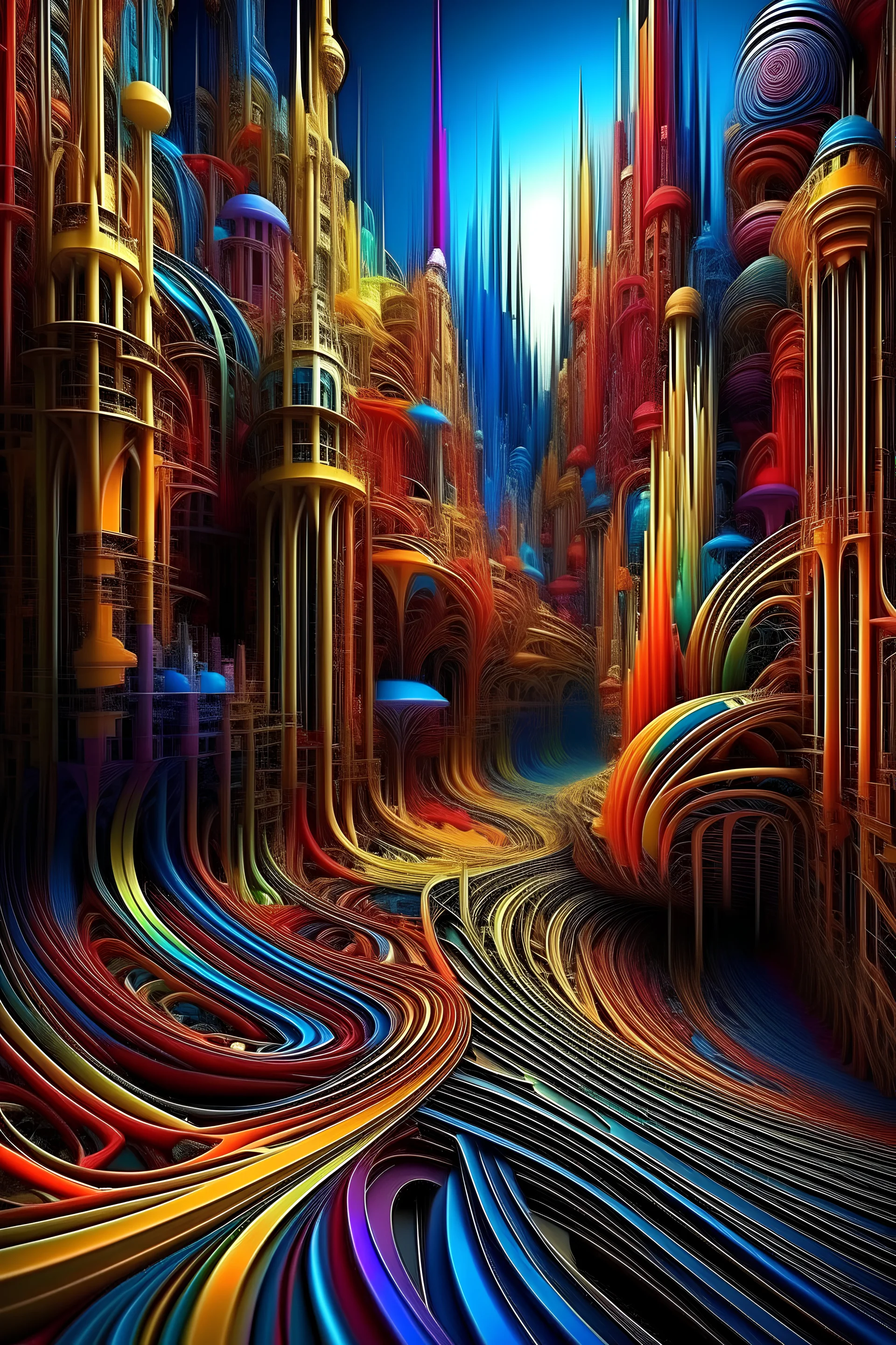 3d hd whimsical stylized surreal fractal recrusive colorful thin lines of all colors draw a dynamic city masterpiece