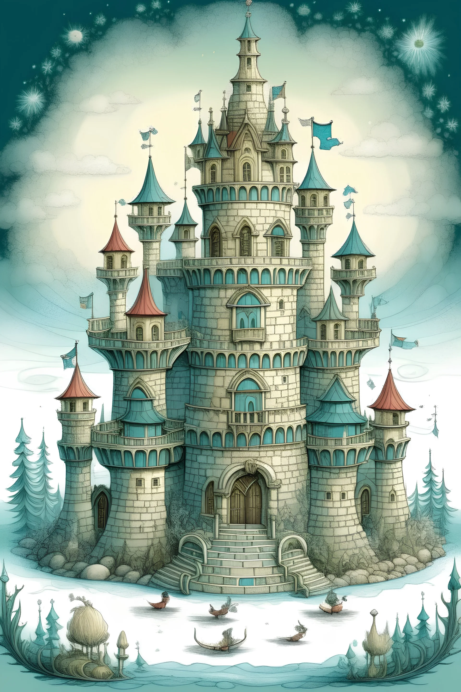 Create an image of the imaginary tower of a winter palace which is the home to a family of mythical creatures, who are protected from evil creatures by an enchanted moat around the tower.