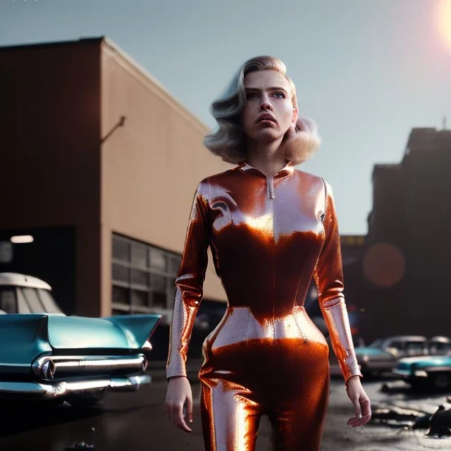 Ultra Realistic retro sci-fi movie explosion Supermarket parking scene, 1960 year, waist up view portrait, blonde woman, sweet scarlet Johansson face, perfect iris, glow eyes, face makeup, tight latex coat; many people looking, Retro sci-fi style, soft color, highly detailed, unreal engine 5, ray tracing, RTX, lumen lighting, ultra detail, volumetric lighting, 3d, finely drawn, high definition, high resolution.