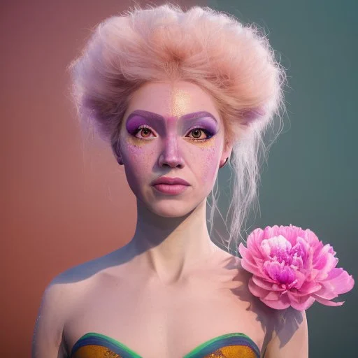 PHOTOREALISTIC PORTRAIT OF A GIRL of Cirque dU soleil, WALKING ON THE SHORE AT THE MOONLIGHT, AND EMBRACING PINK YELLOW PEONIES, VIVID colors: torquoise, pale salmon, persimmon, grey-green , pale lemon yellow, greenish gold, metallic bronze. ULTRA detailed; CORRECT anatomy, FACE and eyes, HIGH RESOLUTION AND DETAILS, HIGH DEFINITION, STYLE BY RAFFAELLO, MICHELANGELO, KAROL BAK, ANDY WARHOL, Anna Dittmann