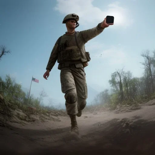 american soldier in vietnam taking a selfie with a gopro while running from combat