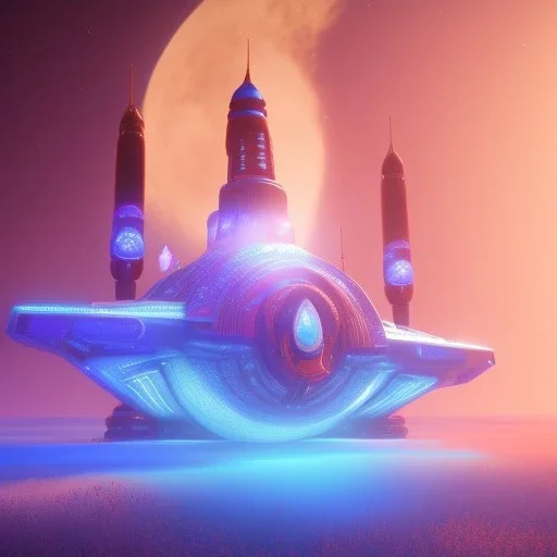 a crystalised blue pink spaceship, gold, diamonds, lightbeams, cosmic background, atmospheric, realistic, unreal engine, 8k. Cinematic lighting, octane render.