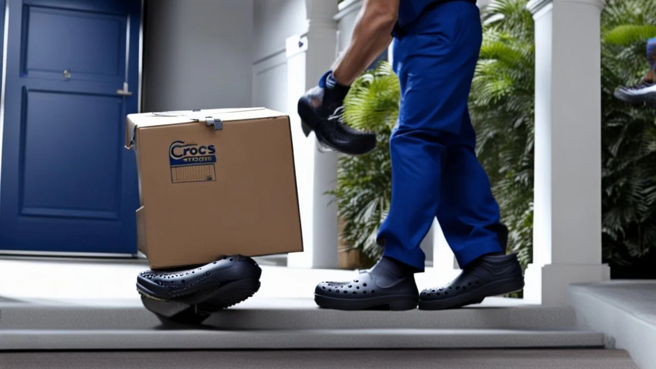 delivery man wears crocs shoes at the gate