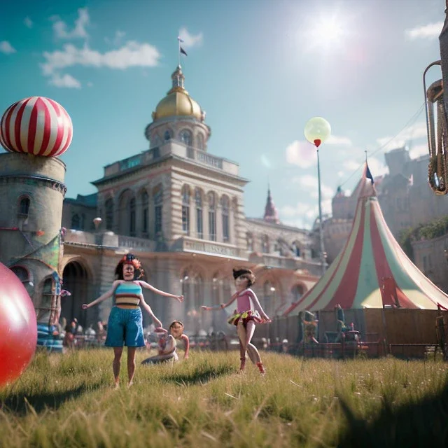 Ultra realistic circus scene. Child’s playing, smile, happy, color bubbles, smooth color, waist up view, Wes Anderson style, a lot of people background, highly detailed, concept art, unreal engine 5, god rays, ray tracing, RTX, lumen lighting, ultra detail, volumetric lighting, 3d, finely drawn, high definition, high resolution.