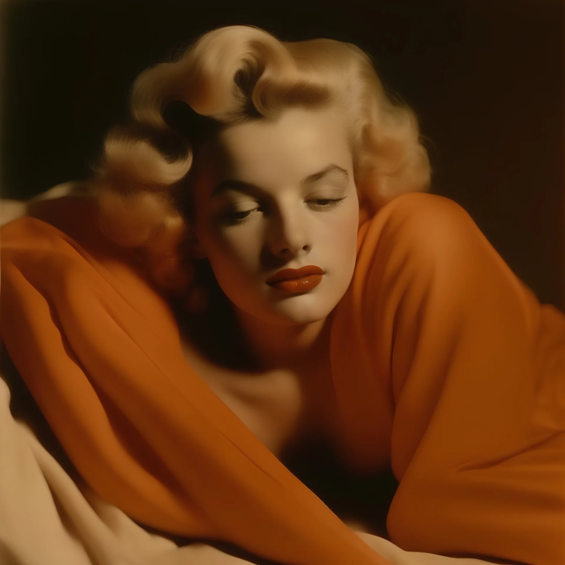 A photograph of marilyn monroe, eyes half closed, with bed hair, melancholy, no make up, in the style of milton greene, pale shiny orange silk scarf around her shoulders,hands undrfcover,beige bacground
