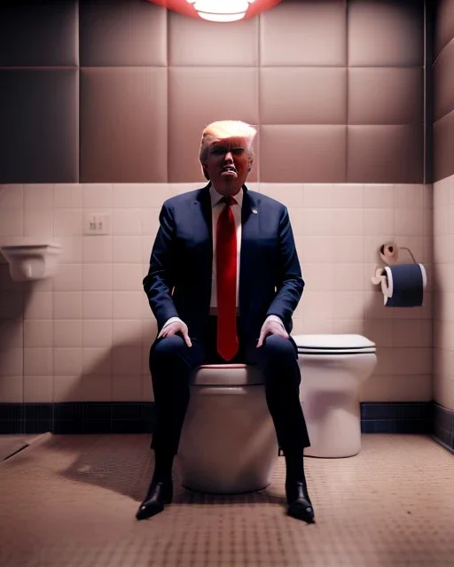 Donald Trump sitting in toilet scene, pants down, realistic image, hooper style, concept art, smooth, unreal engine 5, god lights, ray tracing, RTX, lumen lighting, ultra detail, volumetric lighting, 3d.