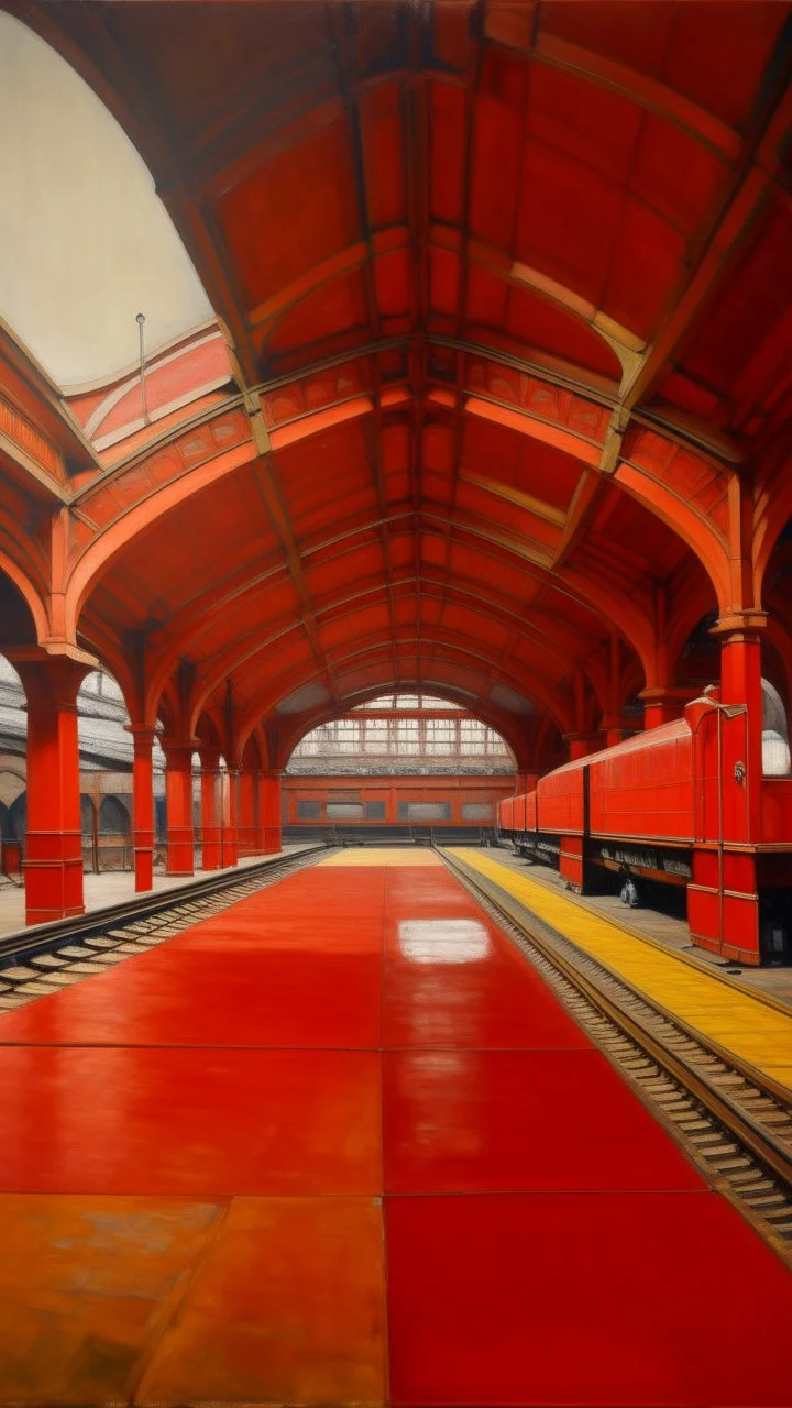 An orangish red industrial train station painted by Raymond Duchamp-Villon