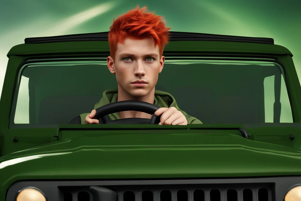 Young male with red hair and green eyes sitting in a jeep close up photo realistic