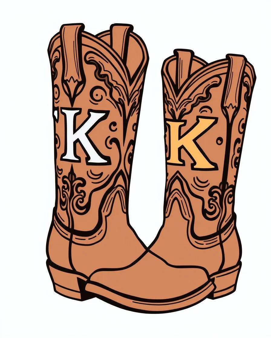 a pair of cowgirl boots with a large "K" in the pattern on the side of the closer boot. Vector illustration with bold linework